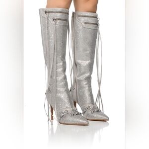 AZALEA WANG "DELILAH'S MISFORTUNE" Shimmering Silver Heeled Boots for Women